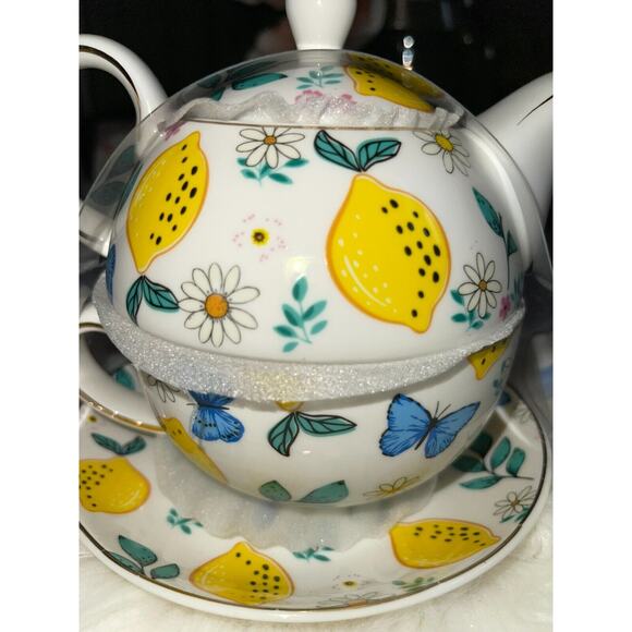 Grace's Teaware Lemons & Blue Butterflies Stacking Teapot & Teacup and Saucer - Picture 8 of 10